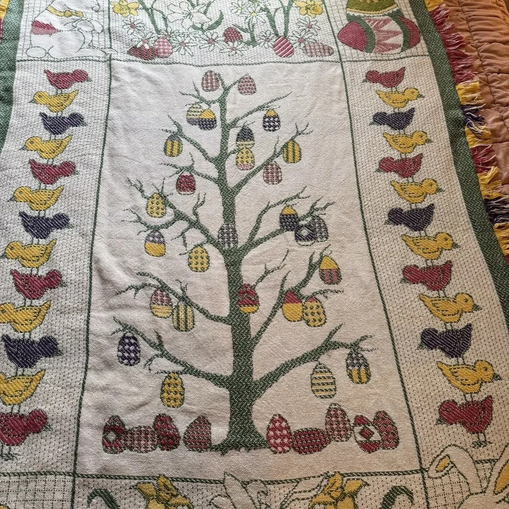 VTG 1994V MWW Bunny Rabbit Throw Blanket Tapestry 69x46 Easter Spring Tulip